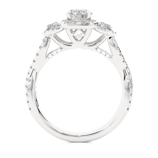 Side profile of 2.50 Ct Round Moissanite Three Stone Halo Engagement Ring In Silver, highlighting the brilliant center moissanite stone., highlighting the prong setting.