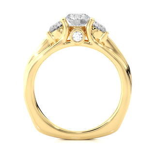 Side profile of 2 Ct Round Moissanite Three Stone Engagement Ring In Yellow Gold, highlighting the brilliant center moissanite stone., highlighting the prong setting.