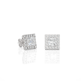 2 Ct Princess Cut Moissanite Halo Stud Earrings In White Gold