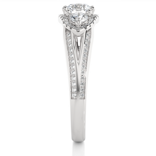 Halo Three Stone Split Shank Moissanite Ring white gold