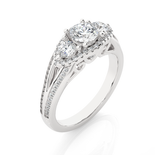 Halo Three Stone Split Shank Moissanite Ring white gold