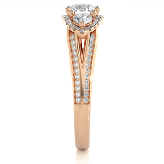 Halo Three Stone Split Shank Moissanite Ring rose gold