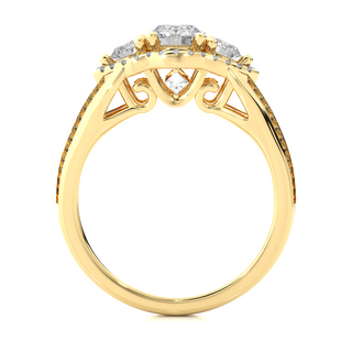 Halo Three Stone Split Shank Moissanite Ring yellow gold