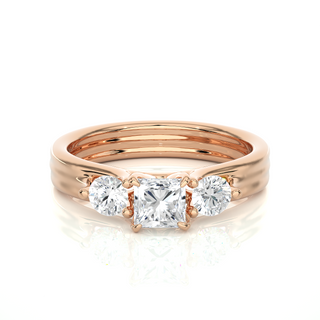 1 Carat Princess And Round Moissanite Three Stone Ring In Yellow Gold