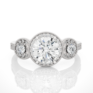 3 Carat Round Shape Three Stone Halo Moissanite Ring In Rose Gold